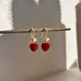 Red Agate Love Heart on Ginkgo Shaped Earrings