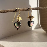 Black Pearl Love Heart on Ginkgo Shaped Earrings