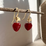Red Agate Love Heart on Ginkgo Shaped Earrings