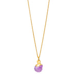 A raw Amethyst crystal pendant electroplated in 22ct gold, hanging from a gold-filled fine cable chain necklace.