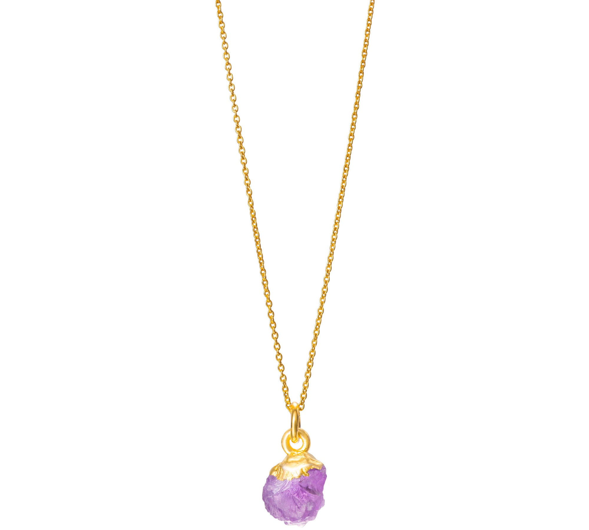 A raw Amethyst crystal pendant electroplated in 22ct gold, hanging from a gold-filled fine cable chain necklace.