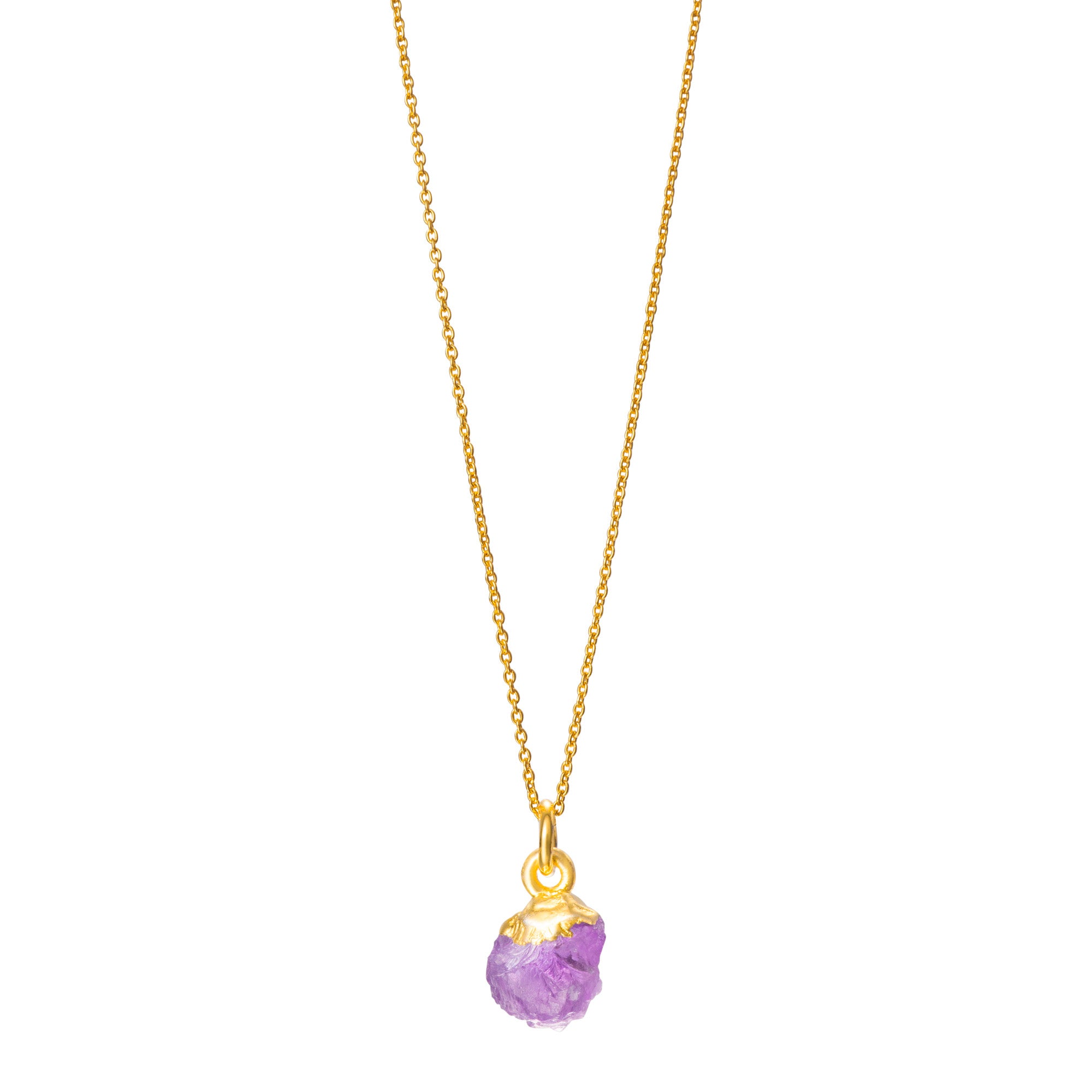 A raw Amethyst crystal pendant electroplated in 22ct gold, hanging from a gold-filled fine cable chain necklace.
