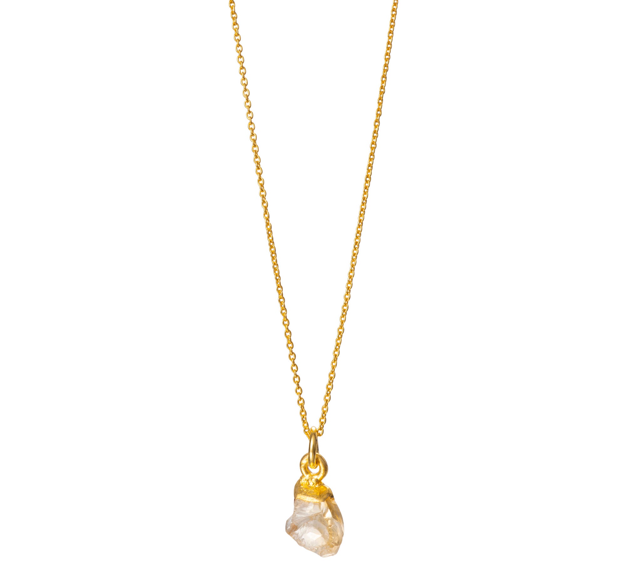 A raw Citrine pendant electroplated in 22ct Gold, attached to a gold-filled cable chain necklace.