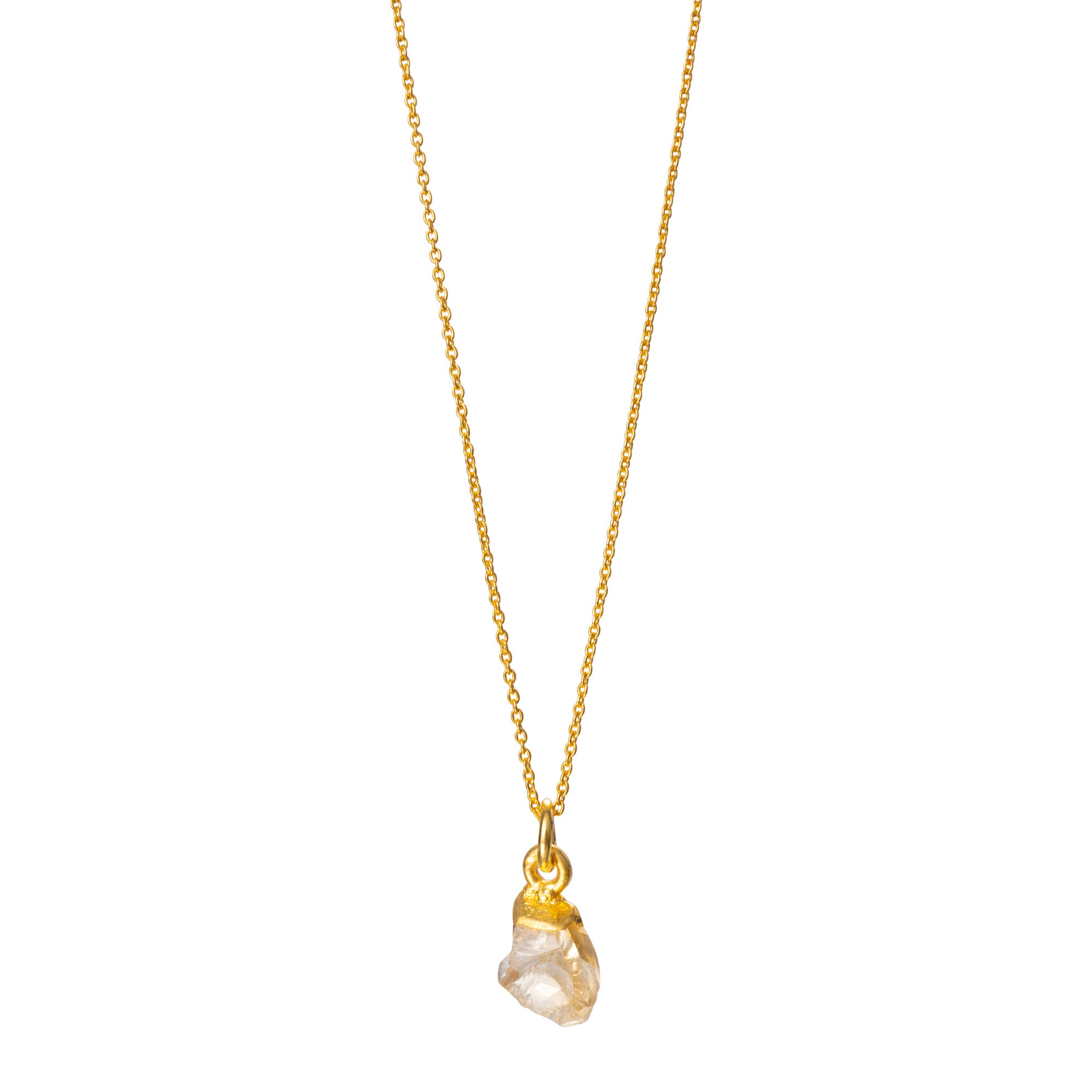 A raw Citrine pendant electroplated in 22ct Gold, attached to a gold-filled cable chain necklace.