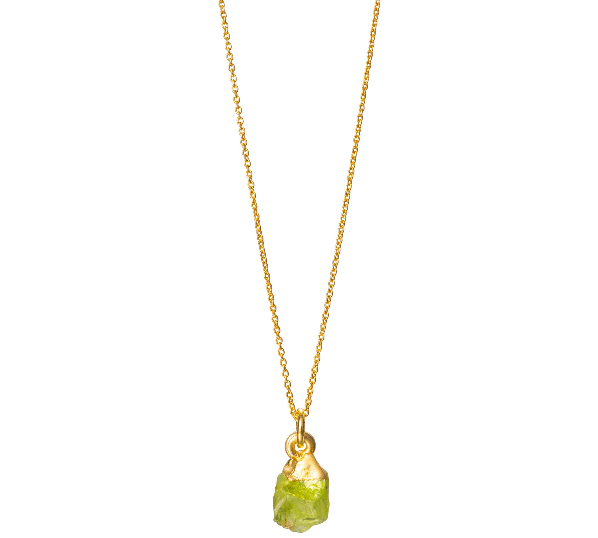 A raw crystal Peridot pendant necklace on a gold chain, with the pendant displaying a bright green color.