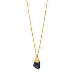 A raw Sapphire pendant electroplated in gold, hanging from a gold cable chain.