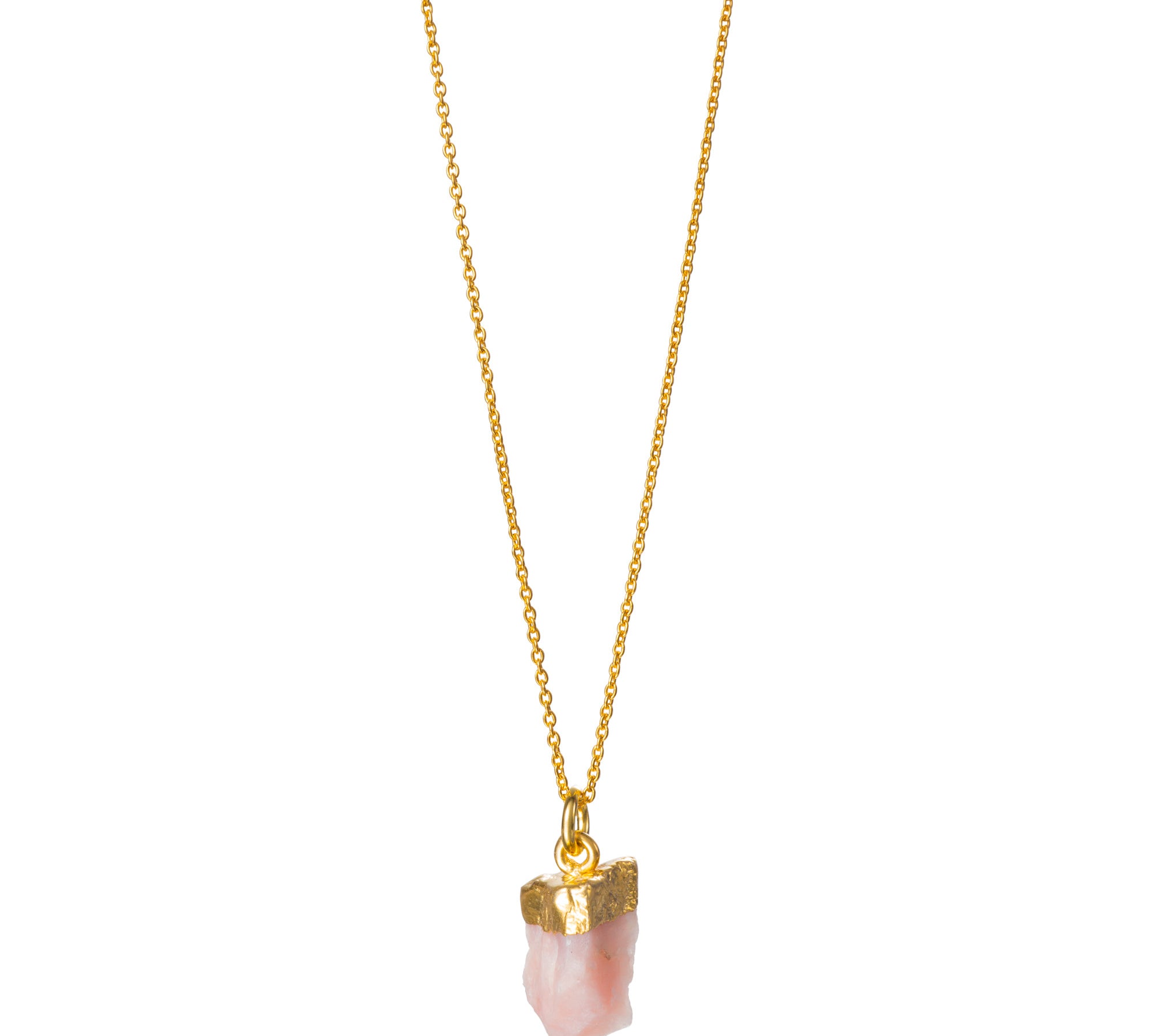 A raw peach moonstone pendant electroplated in gold, suspended from a gold-filled cable chain.
