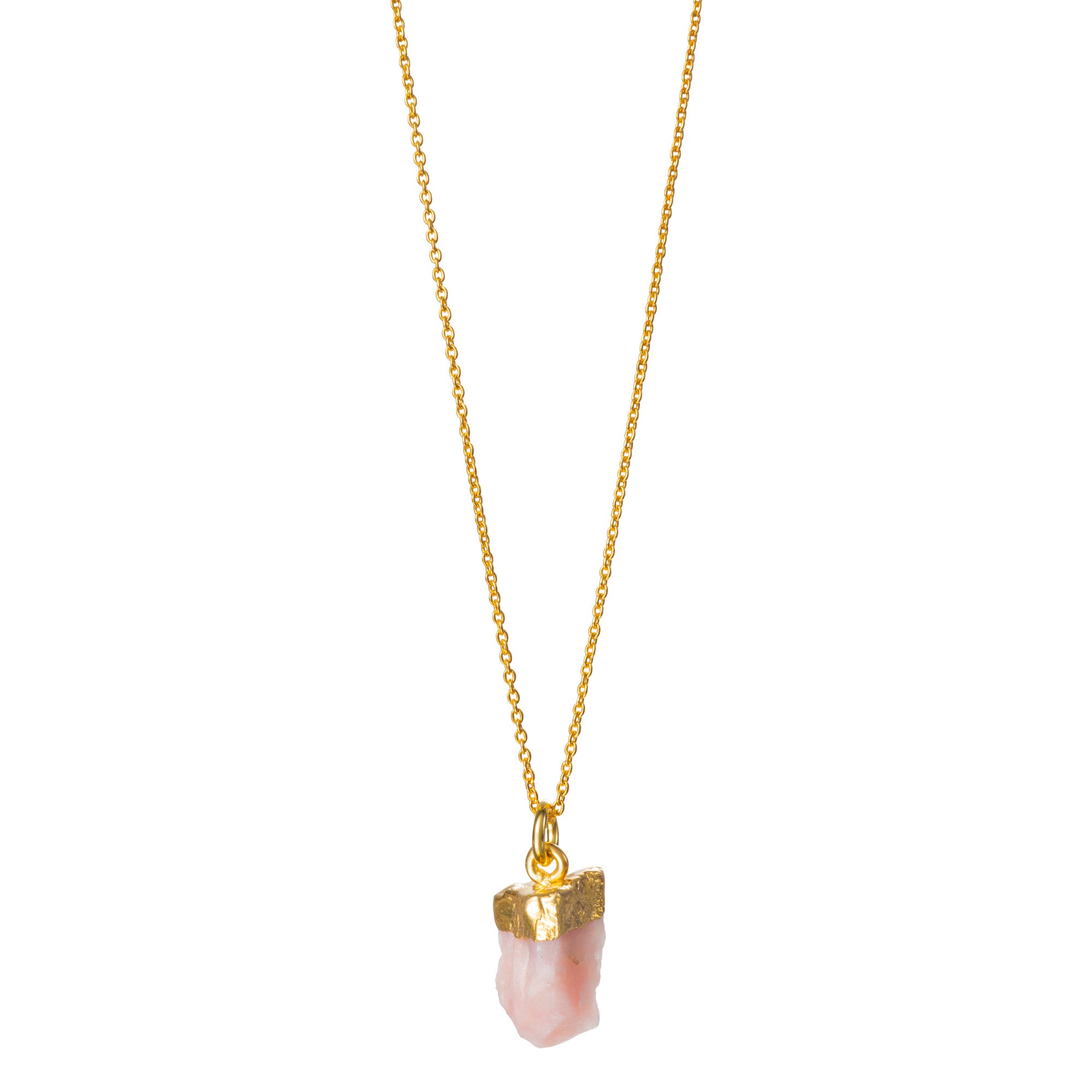 A raw peach moonstone pendant electroplated in gold, suspended from a gold-filled cable chain.